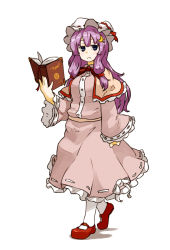 Rule 34 | 1girl, :c, amonitto, blue eyes, book, capelet, crescent, dress, full body, hair ornament, hat, long hair, long sleeves, mob cap, open book, pantyhose, patchouli knowledge, pink dress, purple hair, reading, red footwear, sash, shoes, simple background, solo, touhou, very long hair, walking, white background, wide sleeves