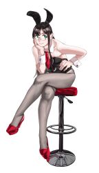 Rule 34 | 1girl, absurdres, alternate costume, animal ears, black hair, black pantyhose, blue eyes, breasts, detached collar, fake animal ears, hand on own hip, high heels, highres, kantai collection, leotard, long hair, looking at viewer, necktie, ojipon, ooyodo (kancolle), pantyhose, playboy bunny, red footwear, red necktie, simple background, sitting, small breasts, solo, stool, white background, wrist cuffs