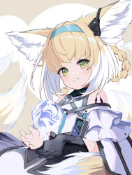 Rule 34 | 1girl, absurdres, animal ear fluff, animal ears, arknights, bare shoulders, black gloves, blonde hair, blue hairband, braid, brown background, c309657344, commentary request, fox, fox ears, fox girl, fox tail, gloves, green eyes, hair rings, hairband, highres, kitsune, multicolored hair, o-ring, orb, shirt, single glove, smile, solo, suzuran (arknights), tail, twin braids, two-tone background, two-tone hair, upper body, white background, white hair, white shirt