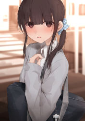 Rule 34 | 1girl, bag, bag charm, blue scrunchie, blurry, blurry background, blush, brown eyes, brown hair, cardigan, charm (object), collared shirt, commentary request, depth of field, diagonal stripes, grey cardigan, hair between eyes, hand up, highres, kanju, long hair, long sleeves, looking at viewer, original, parted lips, ponytail, school bag, school uniform, scrunchie, shirt, sidelocks, sleeves past wrists, solo, striped clothes, striped scrunchie, unmoving pattern, white shirt