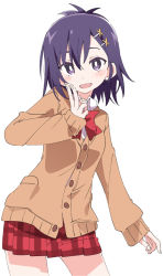 Rule 34 | 1girl, :d, blush, bow, bowtie, brown cardigan, cardigan, gabriel dropout, hair ornament, ixy, long sleeves, looking at viewer, open mouth, plaid, plaid skirt, purple eyes, purple hair, red bow, red bowtie, red skirt, school uniform, short hair, skirt, smile, solo, vignette tsukinose april, x hair ornament
