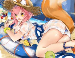 Rule 34 | 1girl, animal ears, bad id, bad pixiv id, beach, bikini, blue bikini, breasts, day, ears through headwear, fate/grand order, fate (series), food, fox ears, fox tail, hat, innertube, itohime, large breasts, long hair, looking at viewer, ocean, open mouth, pink hair, rubber duck, shirt, solo, swim ring, swimsuit, tail, tamamo (fate), tamamo no mae (fate/extra), tamamo no mae (swimsuit lancer) (fate), tamamo no mae (swimsuit lancer) (second ascension) (fate), wet, wet clothes, wet shirt, yellow eyes