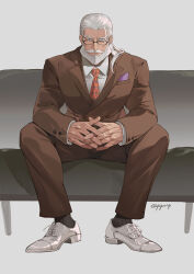 Rule 34 | 1boy, absurdres, bara, beard, bingansuan jiamouren, blue eyes, brown suit, business suit, couch, dark-skinned male, dark skin, facial hair, formal, full body, grey background, handkerchief, highres, jp (street fighter), large pectorals, long hair, looking at viewer, male focus, mature male, muscular, muscular male, mustache, necktie, old, old man, own hands clasped, own hands together, pectorals, ponytail, sitting, solo, straight-on, street fighter, street fighter 6, suit, thick beard, thick eyebrows, thick mustache, white hair