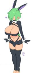 Rule 34 | 1futa, bdsm latex, bdsm outfit, breasts, cleavage, covered penis, demon girl, drooling, futanari, green hair, large breasts, nemge, rabbit ears, simple background, slip, white background