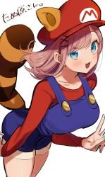 Rule 34 | 1girl, absurdres, animal ears, arm at side, blue eyes, blush, breasts, brown hair, collarbone, cosplay, cowboy shot, grin, hair ornament, hat, highres, kuma daigorou, large breasts, long sleeves, looking at viewer, mario, mario (cosplay), mario (series), medium hair, nail polish, nijisanji, nintendo, open mouth, overalls, raccoon ears, raccoon mario, raccoon tail, red hat, red shirt, shirt, shorts, simple background, smile, solo, standing, super mario bros. 3, suzuhara lulu, sweat, tail, thighs, upper body, v, virtual youtuber, white background, x hair ornament