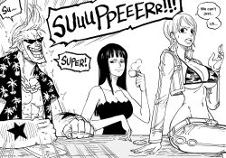 Rule 34 | 1boy, 1koma, 2girls, ^^^, absurdres, bb (baalbuddy), bikini, bikini over clothes, bikini top only, breasts, chain, cleavage, closed mouth, comic, cropped jacket, cup, dress, emphasis lines, english text, franky (one piece), greyscale, hana hana no mi, height difference, highres, holding, holding cup, jacket, large breasts, long hair, long sleeves, looking at another, monochrome, multiple girls, muscular, muscular male, nami (one piece), navel, nico robin, one piece, open clothes, open jacket, open mouth, open shirt, pants, pectorals, short hair, shouting, sideburns, sitting, smile, stomach, sunglasses, sweat, swimsuit, trembling, underboob