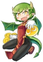 Rule 34 | 1girl, :d, bare shoulders, black pants, blush, brown footwear, china dress, chinese clothes, compile, draco centauros, dragon girl, dragon horns, dragon tail, dragon wings, dress, elbow gloves, eyebrows, fang, full body, gloves, green hair, horns, madou monogatari, nanatsuta, open mouth, pants, pants under dress, pointy ears, puyo (puyopuyo), puyopuyo, red dress, short hair, sleeveless, sleeveless dress, smile, solo, tail, white background, white gloves, wings, yellow eyes