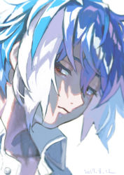 Rule 34 | 1boy, blue hair, closed mouth, collarbone, dated, male focus, matsudappoiyo, multicolored hair, portrait, rabbit monster, red eyes, shaded face, simple background, solo, upper body, utau, white background, white hair