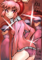 Rule 34 | &gt;:), 10s, 1girl, 4boys, arched back, artist name, ass, buruma, copyright name, dated, from side, hat, holding, holding microphone, ichigai (hayawossan), jacket, jakuzure nonon, kill la kill, looking to the side, microphone, multiple boys, pink hair, red background, red eyes, sidelocks, smile, solo focus, sparkle, thighs, track jacket, v-shaped eyebrows