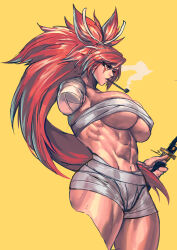 Rule 34 | 1509virgoart, 1girl, abs, absurdres, amputee, baiken, bandaged arm, bandages, breast band, breasts, chest sarashi, cleavage, cropped legs, guilty gear, highres, holding, holding sword, holding weapon, huge breasts, missing limb, muscular, muscular female, pipe in mouth, red eyes, red hair, sarashi, smoking pipe, sword, underboob, weapon