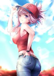 Rule 34 | 1girl, adjusting clothes, adjusting headwear, alternate costume, asymmetrical hair, autumn leaves, bad id, bad pixiv id, bare shoulders, blue sky, blurry, breasts, cloud, commentary request, contemporary, cowboy shot, day, denim, depth of field, fate/grand order, fate (series), from behind, from below, hand in pocket, hane yuki, hat, head tilt, highres, large breasts, long hair, looking at viewer, midriff, miyamoto musashi (fate), miyamoto musashi (traveling outfit) (fate), one eye closed, pants, pink hair, ponytail, purple eyes, shirt, sky, sleeveless, sleeveless shirt, solo, standing, tank top