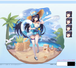 Rule 34 | 1girl, absurdres, bare shoulders, beach, black hair, blue bow, blue dress, blue eyes, blue sky, bow, breasts, character request, cleavage, cloud, copyright request, criss-cross halter, dated, day, dress, full body, halterneck, hat, hat bow, highres, holding, innertube, long hair, looking at viewer, medium breasts, off-shoulder dress, off shoulder, outdoors, palm tree, patrick star, sand sculpture, sandals, short sleeves, sky, smile, spongebob squarepants, spongebob squarepants (series), standing, starfish, sun hat, swim ring, thighhighs, thighs, translation request, tree, very long hair, water gun, white thighhighs, wuhepietiantian