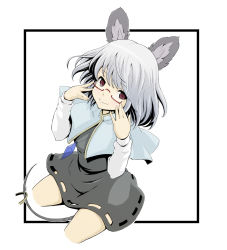Rule 34 | 1girl, adjusting eyewear, animal ears, bad id, bad pixiv id, bespectacled, capelet, female focus, glasses, grey hair, jewelry, long sleeves, mouse ears, mouse tail, nazrin, pendant, purple eyes, short hair, solo, tail, touhou, tsuttsu, white background