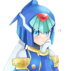 Rule 34 | 1girl, :t, puff of air, android, blue eyes, blurry, blush, breasts, closed mouth, gloves, hand on own face, helmet, highres, jealous, fairy leviathan (mega man), looking at viewer, medium breasts, mega man (series), mega man zero (series), pout, robot, robot girl, simple background, solo, upper body, user rahj5587, white background, white gloves