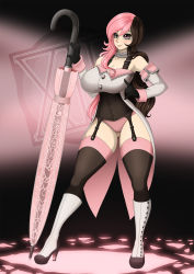 Rule 34 | 1girl, absurdres, bare shoulders, blush, boots, breasts, brown eyes, brown hair, cleavage, collarbone, curvy, garter straps, gloves, gluteal fold, heterochromia, high heel boots, high heels, highres, large breasts, long hair, multicolored hair, neo politan, pink eyes, pink hair, rwby, scarf, smile, solo, thick thighs, thighhighs, thighs, umbrella, wide hips, xiii