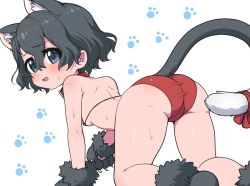 Rule 34 | 1girl, all fours, animal collar, animal ear fluff, animal ears, animal hands, ass, back, bikini, black eyes, black hair, blush, breasts, cat ears, cat tail, collar, commentary, gloves, kaban (kemono friends), kemono friends, kemonomimi mode, light frown, looking back, open mouth, paw gloves, paw print, paw shoes, ransusan, red bikini, red ribbon, ribbon, short hair, skindentation, small breasts, solo, string bikini, sweat, swimsuit, tail, tail ornament, tail ribbon, trefoil, wavy hair, white background