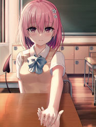 1girl, 1other, absurdres, bangs, breasts, chair, chalkboard, classroom, closed mouth, collared shirt, demon tail, desk, dress shirt, eyebrows visible through hair, flower, hair between eyes, hair flower, hair ornament, hand holding, highres, huge filesize, junkt729, layered clothing, locker, looking at viewer, medium breasts, momo velia deviluke, outstretched arm, pink eyes, pink hair, purple eyes, school, school uniform, shirt, short hair, short sleeves, sitting, sweater, sweater vest, tail, to love-ru, to love-ru darkness, upper body, white shirt, yellow sweater