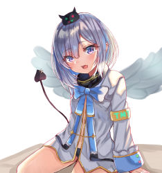 Rule 34 | 1girl, amane kanata, amane kanata (1st costume), angel, angel wings, armband, black panties, blue ribbon, colored inner hair, commentary request, demon tail, hair ornament, highres, hololive, multicolored hair, open mouth, panties, purple eyes, ribbon, school uniform, seiza, silver hair, sitting, solo, tail, underwear, virtual youtuber, white background, wings