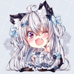 Rule 34 | 1girl, ;d, ahoge, animal ears, black footwear, black pantyhose, blue bow, blue skirt, bow, breasts, cat ears, chibi, cleavage, commentary request, fang, hair between eyes, hair bow, large breasts, long hair, looking at viewer, one eye closed, ooji cha, open mouth, original, outstretched arm, oziko (ooji cha), pantyhose, pointing, pointing at viewer, pointy ears, purple eyes, shirt, silver hair, sitting, skirt, smile, solo, striped clothes, striped skirt, vertical-striped clothes, vertical-striped skirt, very long hair, wariza, white shirt