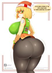Rule 34 | 1girl, arms (game), artist name, ass, blonde hair, blunt bangs, breasts, english text, green eyes, hat, huge ass, jiggle, large breasts, mask, min min (arms), pantyhose, shiny clothes, short hair, solo, speech bubble, startop, thick thighs, thighs, wide hips