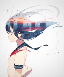Rule 34 | 1girl, cityscape, closed eyes, closed mouth, double exposure, enj!, floating hair, from side, highres, long hair, neckerchief, original, profile, red neckerchief, school uniform, serafuku, short sleeves, solo, upper body