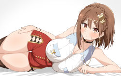 Rule 34 | 1girl, absurdres, arm support, asymmetrical hair, atelier (series), atelier ryza, bed sheet, black choker, braid, breasts, brown eyes, brown hair, choker, crown braid, donutman, earrings, gold earrings, gold necklace, hair ornament, hand on own hip, highres, jewelry, large breasts, lying, necklace, on side, red shorts, reisalin stout, shirt, short hair, short shorts, shorts, side slit, side slit shorts, sleeveless, sleeveless shirt, thick thighs, thighs