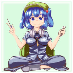 Rule 34 | 1girl, backpack, bag, blue eyes, blue hair, blush, blush stickers, boots, dress, hair bobbles, hair ornament, hat, indian style, kawashiro nitori, key, kys (k-k2), matching hair/eyes, rubber boots, screwdriver, short hair, short sleeves, short twintails, sitting, skirt, skirt set, solo, standing, touhou, twintails, two side up, wrench