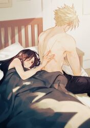 Rule 34 | 1boy, 1girl, bed, black hair, black pants, blonde hair, blush, closed mouth, cloud strife, couple, dressing, final fantasy, final fantasy vii, hand on another&#039;s back, hetero, highres, indoors, long hair, looking at another, lying, maiii (smaii i), messy hair, on back, pants, pillow, red eyes, scar, scar on back, spiked hair, tifa lockhart, topless male, twitter username, under covers