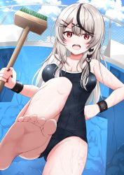 Rule 34 | 1girl, absurdres, barefoot, black hair, black one-piece swimsuit, blush, braid, breasts, broom, cleavage, cloud, collarbone, day, empty pool, from below, grey hair, hair ornament, hair over shoulder, hand on own hip, heart, heart hair ornament, highres, holding, holding broom, hololive, kamesys, long hair, looking at viewer, medium breasts, multicolored hair, nail polish, one-piece swimsuit, open mouth, outdoors, pool, red eyes, red nails, sakamata chloe, school swimsuit, single braid, soles, solo, sunlight, swimsuit, two-tone hair, virtual youtuber, x hair ornament