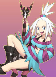 Rule 34 | 1girl, absurdres, bare shoulders, black bra, black footwear, black panties, blue eyes, blue shirt, boots, bra, breasts, cleavage, collarbone, creatures (company), electric guitar, female focus, game freak, gradient background, guitar, gym leader, hair bobbles, hair ornament, hands up, highres, holding, holding instrument, instrument, knee up, long sleeves, multicolored shirt, nauth, nintendo, off shoulder, open mouth, outline, oversized clothes, oversized shirt, panties, pantyshot, pokemon, pokemon bw2, purple background, purple shirt, roxie (pokemon), shirt, short hair, simple background, smile, solo, striped clothes, striped panties, striped shirt, teeth, tongue, tongue out, underwear, white hair
