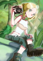 Rule 34 | 1girl, ankle boots, belt, blonde hair, boots, breasts, camera, capri pants, closed mouth, commentary request, creatures (company), crossed legs, day, dusk poke27, from below, game freak, green eyes, green pants, highres, holding, holding camera, looking down, medium breasts, nintendo, outdoors, palm tree, pants, photographer, pokemon, pokemon xy, shirt, sitting, sleeveless, sleeveless shirt, smile, solo, tree, viola (pokemon), white belt, white shirt
