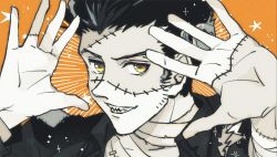 Rule 34 | 1boy, black hair, cosplay, frankenstein&#039;s monster, frankenstein&#039;s monster (cosplay), grin, halloween costume, hand up, highres, hunter x hunter, kigchi, leorio paladiknight, looking at viewer, male focus, partially colored, scar, scar on face, smile, solo, yellow eyes