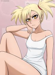 Rule 34 | 1girl, absurdres, bleach, blonde hair, blouse, blush, breasts, brown eyes, cleavage, closed mouth, collarbone, fang, freckles, highres, looking at viewer, mistowing, sarugaki hiyori, shiny skin, shirt, short hair, simple background, sleeveless, sleeveless shirt, small breasts, solo, twintails, white shirt
