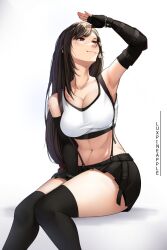 Rule 34 | 1girl, abs, arm up, armpits, black gloves, black hair, black skirt, black sports bra, black thighhighs, bracelet, breasts, brown eyes, cleavage, commentary, elbow gloves, final fantasy, final fantasy vii, final fantasy vii rebirth, final fantasy vii remake, fingerless gloves, gloves, highres, jewelry, large breasts, linea alba, long hair, low-tied long hair, luxpineapple, midriff, miniskirt, navel, over-kneehighs, pleated skirt, shading eyes, sitting, skirt, solo, sports bra, suspender skirt, suspenders, tank top, thighhighs, thighs, tifa lockhart, vambraces, very long hair, white tank top