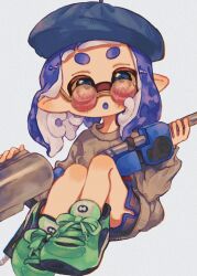 Rule 34 | 1girl, :o, black shorts, blue eyes, blue hair, blue hat, blue trim, commentary request, cross-laced footwear, dolphin shorts, e-liter 4k (splatoon), full body, green footwear, grey sweater, gun, hat, highres, holding, holding gun, holding weapon, inkling, inkling girl, inkling player character, long hair, nintendo, ochocho2828, pointy ears, red-tinted eyewear, round eyewear, shoes, shorts, simple background, sitting, solo, splatoon (series), splatoon 3, sweater, tentacle hair, thick eyebrows, tinted eyewear, weapon, white background, yellow-framed eyewear