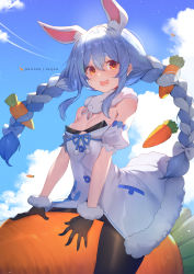 Rule 34 | 1girl, :d, animal ear fluff, animal ears, artist name, black gloves, black leotard, black pantyhose, blue hair, blue sky, blush, bow, braid, breasts, carrot hair ornament, cleavage, cloud, commentary request, day, detached sleeves, don-chan (usada pekora), dress, food-themed hair ornament, fur-trimmed dress, fur-trimmed gloves, fur trim, gloves, hair between eyes, hair bow, hair ornament, highres, hololive, leotard, long hair, looking at viewer, medium breasts, multicolored hair, open mouth, outdoors, pantyhose, puffy short sleeves, puffy sleeves, rabbit ears, raijuu (bakanara), red eyes, round teeth, short eyebrows, short sleeves, sky, smile, solo, strapless, strapless dress, strapless leotard, teeth, thick eyebrows, twin braids, twintails, two-tone hair, upper teeth only, usada pekora, usada pekora (1st costume), very long hair, virtual youtuber, white bow, white dress, white hair, white sleeves