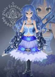 Rule 34 | 1girl, :o, armor, bare shoulders, blue eyes, blue hair, breasts, cleavage, cross, female focus, gauntlets, gradient background, greaves, highres, long hair, matching hair/eyes, navel, pixiv fantasia, pixiv fantasia 5, pondel, skirt, small breasts, solo, sword, weapon, zoom layer