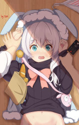 Rule 34 | 1girl, animal hood, artist name, bag, blue eyes, blush, bow, bowtie, bread, cellphone, close-up, commentary request, food, from above, groin, hair over shoulder, handbag, homu (honkai impact), honkai (series), honkai impact 3rd, hood, long sleeves, looking at viewer, looking up, low ponytail, lying, navel, on back, on floor, open mouth, panties, unworn panties, paper bag, phone, pov, rabbit hood, ribbed sweater, shade, sidelocks, signature, silver hair, smartphone, solo focus, surprised, sweater, takeawatch, theresa apocalypse, turtleneck, turtleneck sweater, underwear, wide-eyed, wooden floor
