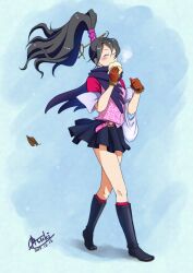 Rule 34 | 1girl, ace attorney, ace attorney investigations, bag, belt, black hair, boots, brown gloves, closed eyes, commentary request, dated, eating, food, full body, gloves, hair between eyes, high ponytail, highres, holding, holding bag, holding food, karakusa (pattern), kay faraday, key hair ornament, long hair, pink belt, scarf, shirt, short sleeves, signature, skirt, tsuki (applebeniakari), white bag