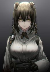 Rule 34 | 1girl, animal ears, animal hands, arknights, black background, black gloves, blood, blood on clothes, breasts, brown hair, collared shirt, commentary request, cross tie, ear piercing, gloves, gradient background, grey background, hair between eyes, highres, kureneko, large breasts, long hair, long sleeves, looking at viewer, parted lips, piercing, ponytail, raccoon ears, raccoon girl, robin (arknights), shaded face, shirt, solo, upper body, white shirt, yandere, yellow eyes