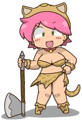 Rule 34 | 1990s (style), 1girl, animal hood, animal print, axe, bad id, bad pixiv id, battle axe, bell, blush, blush stickers, breasts, cleavage, collar, fate (series), final fantasy, final fantasy v, green eyes, heracles (fate), highres, hood, kuto tubuyaki, large breasts, lenna charlotte tycoon, leopard print, looking at viewer, navel, neck bell, open mouth, pink hair, retro artstyle, short hair, smile, solo, standing, weapon
