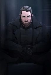 Rule 34 | 1boy, bara, black coat, black gloves, black hair, black pants, black shirt, blue eyes, bulge, chris redfield, closed mouth, coat, facial hair, gloves, highres, jojiart, large pectorals, looking at viewer, male focus, muscular, muscular male, open clothes, open coat, pants, pectorals, resident evil, resident evil village, shirt, short hair, sitting, solo