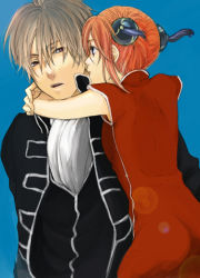 Rule 34 | 00s, 1boy, 1girl, arm around neck, ascot, blonde hair, blue background, blue eyes, blurry, bokeh, bun cover, china dress, chinese clothes, depth of field, double bun, dress, gintama, hair between eyes, hair bun, hetero, hug, jacket, kagura (gintama), looking at another, looking at viewer, okita sougo, open mouth, parted lips, pink hair, red dress, red eyes, short sleeves, silver hair, simple background, tassel, uniform, upper body