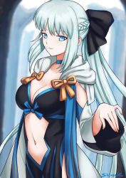 Rule 34 | 1girl, black bow, black dress, blue eyes, bow, braid, breasts, center opening, choker, cleavage, clothing cutout, dress, fate/grand order, fate (series), french braid, grey hair, hair bow, highres, large breasts, long hair, long sleeves, looking at viewer, morgan le fay (fate), navel, navel cutout, pelvic curtain, ponytail, shinsaku (stan-art), sidelocks, solo, thighs, two-tone dress, very long hair, white dress, wide sleeves