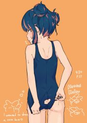 Rule 34 | 1girl, adjusting clothes, adjusting swimsuit, ass, ass cutout, back, bare shoulders, black nails, blue hair, blush, clothing cutout, double bun, english text, eyes visible through hair, flying sweatdrops, from behind, hair bun, highres, looking at viewer, looking back, multicolored hair, orange background, orange eyes, orange hair, original, parted lips, post (shake shakepost), school swimsuit, short hair, shoulder blades, solo, sweat, swimsuit, two-tone hair