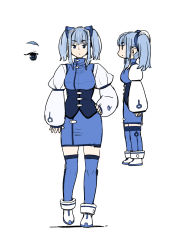 Rule 34 | 1girl, ankle boots, blue eyes, blue hair, blue skirt, blue thighhighs, boots, closed mouth, copyright request, hair ornament, hand on own hip, highres, juliet sleeves, kneehighs, long sleeves, looking at viewer, medium hair, multiple views, pencil skirt, poronegi, puffy sleeves, simple background, skirt, socks, thighhighs, twintails, underbust, white background, white footwear