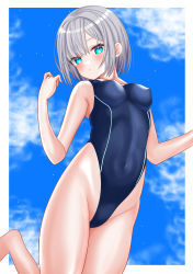 Rule 34 | 1girl, absurdres, aqua eyes, bad id, bad pixiv id, blue one-piece swimsuit, blue sky, bob cut, breasts, cloud, commentary request, competition swimsuit, grey hair, haruo860, highleg, highleg swimsuit, highres, kaga sumire, lupinus virtual games, medium breasts, navel, one-piece swimsuit, short hair, sky, solo, swimsuit, virtual youtuber, vspo!