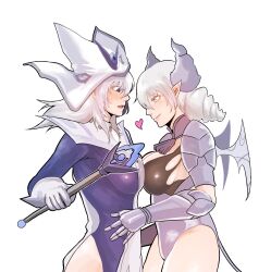 Rule 34 | 2girls, armor, armored leotard, blue eyes, blush, breast press, breasts, cleavage, closed mouth, cuirass, demon girl, demon horns, demon wings, dress, duel monster, eye contact, gauntlets, gloves, grey eyes, grey hair, happymountain97, hat, heart, highres, hip vent, holding, horns, lady labrynth of the silver castle, large breasts, long hair, looking at another, lovely labrynth of the silver castle, low wings, multiple girls, open mouth, pointy ears, silent magician, simple background, spread cleavage, staff, symmetrical docking, transparent wings, twintails, white background, white gloves, white hair, wings, witch hat, wizard hat, yu-gi-oh!