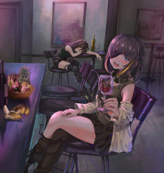Rule 34 | 2girls, alcohol, apple, banana, bar (place), blush, bottle, chair, chinese commentary, commentary request, crossed legs, drunk, eyepatch, food, fruit, fruit bowl, girls&#039; frontline, gonzz (gon2rix), grapes, headphones, headphones around neck, highres, looking at viewer, m16a1 (girls&#039; frontline), m4a1 (girls&#039; frontline), multiple girls, orange (fruit), pineapple, sleeping, table, wine, wine bottle