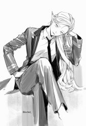Rule 34 | 1girl, collared shirt, ducheol, elf, head rest, long hair, long sleeves, looking at viewer, lord of heroes, monochrome, necktie, olivia pavlichenko, pale skin, pants, pointy ears, shirt, solo